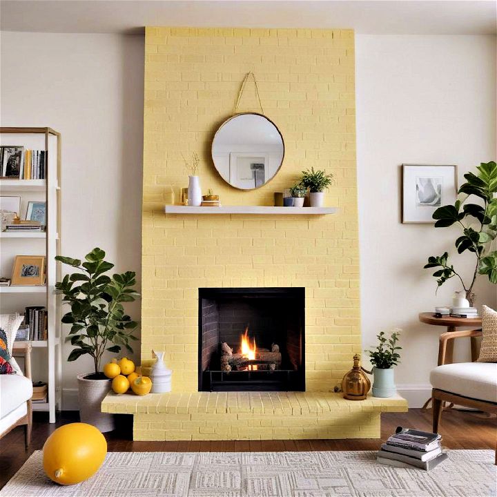 lemon yellow painted brick fireplace