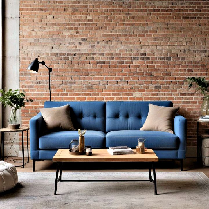 living room an urban industrial flair with a blue couc