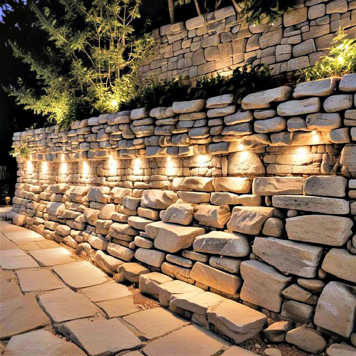 llighted stone wall to increase backyard safety and beauty