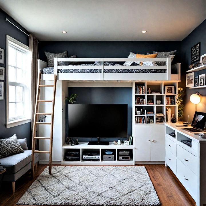 loft bed with a tv area