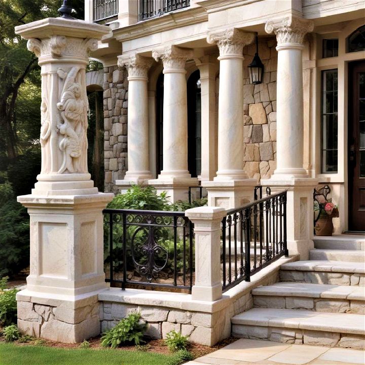 long lasting stately stone pillars with railing for porch