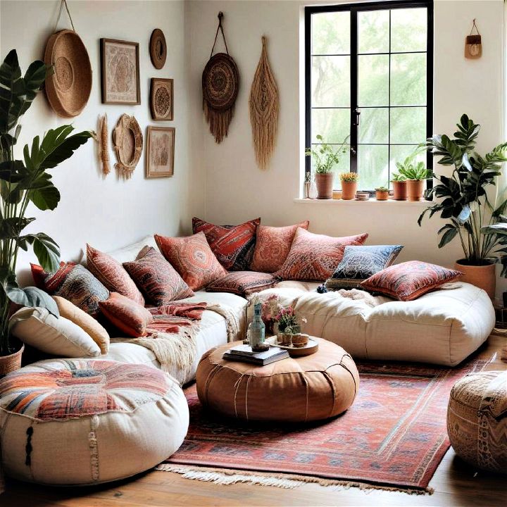 low comfy seating for boho living room