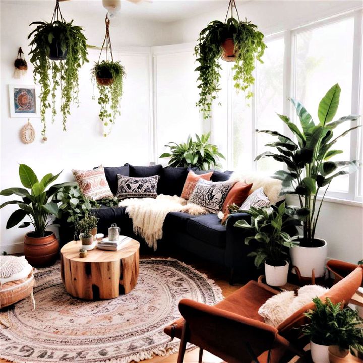 lush indoor plants for boho living room
