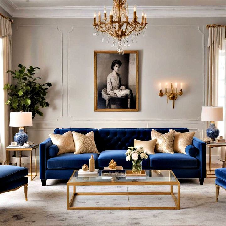 luxe glamour blue couch living room