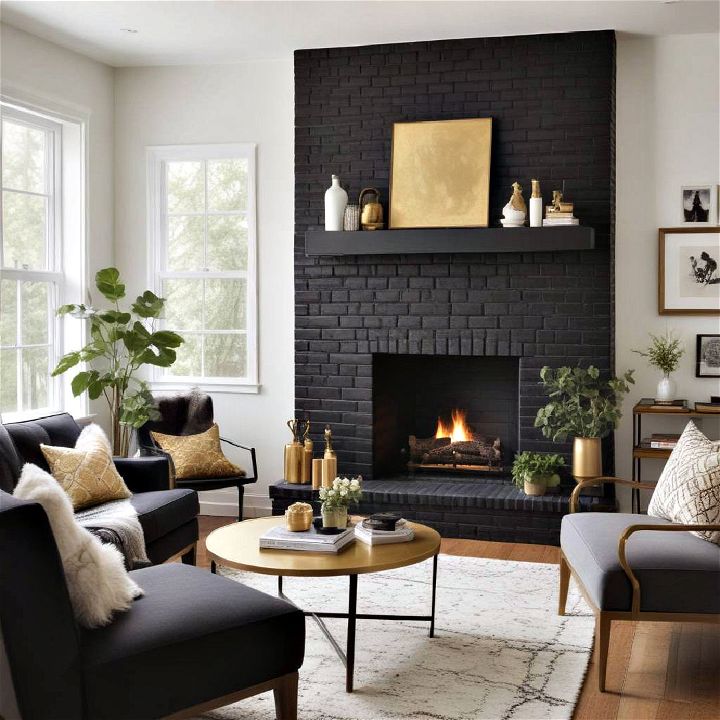 luxury bold black painted brick fireplace
