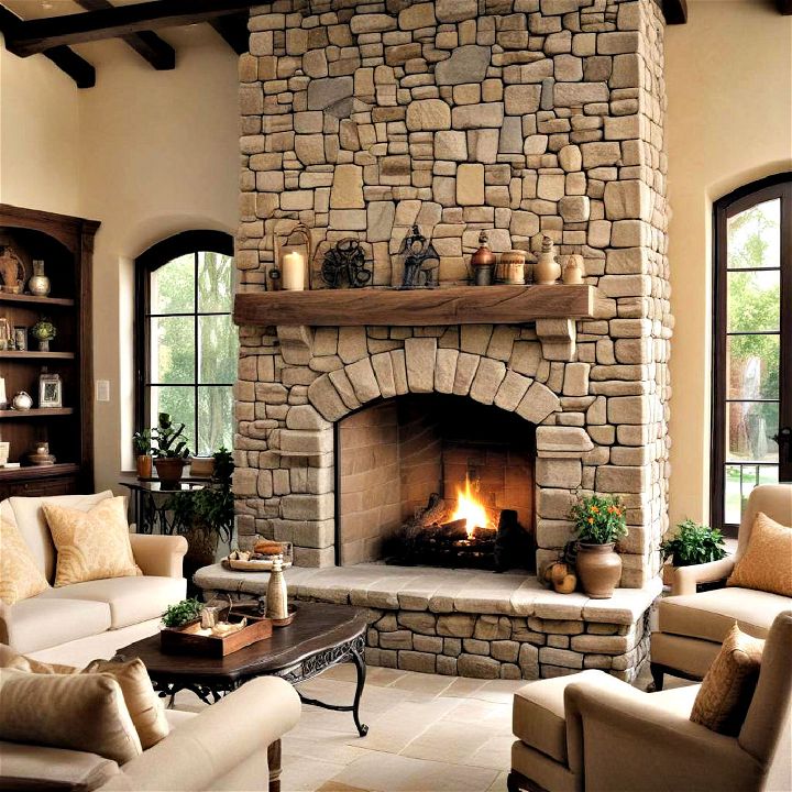 mediterranean style stone fireplace