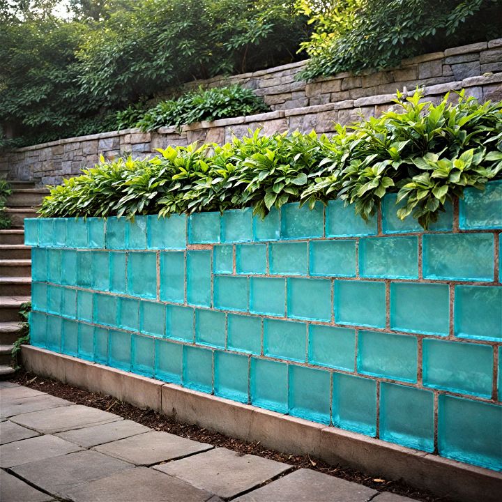 mesmerizing glass block sloped backyard retaining wall