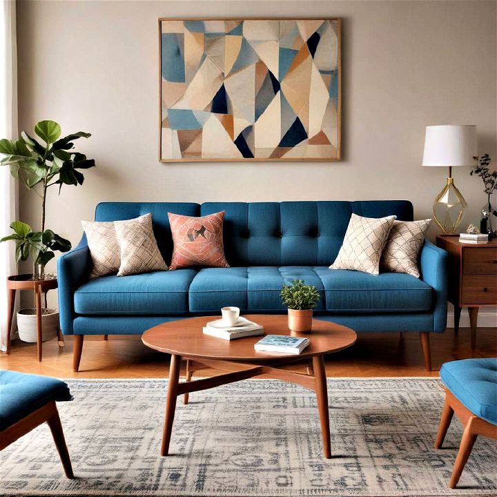 mid century modern design with blue couch