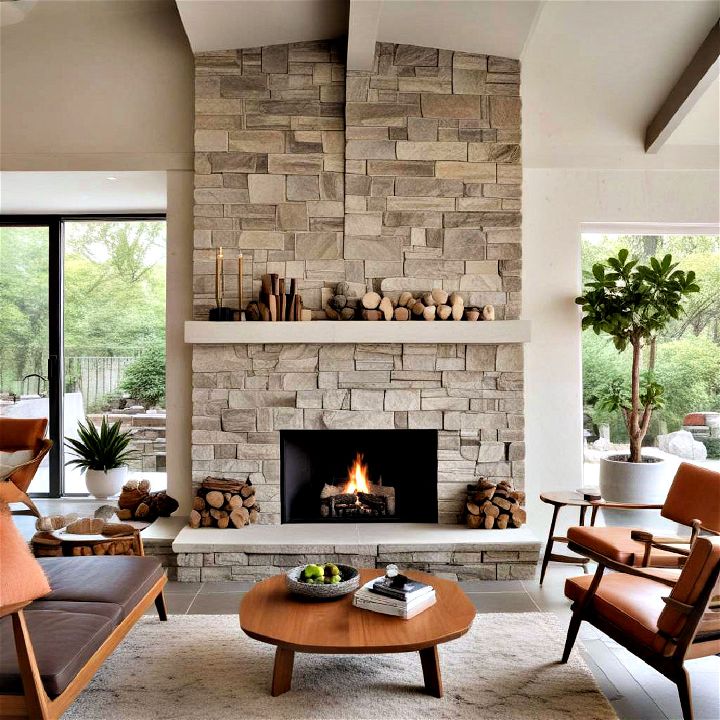 mid century modern stone fireplace