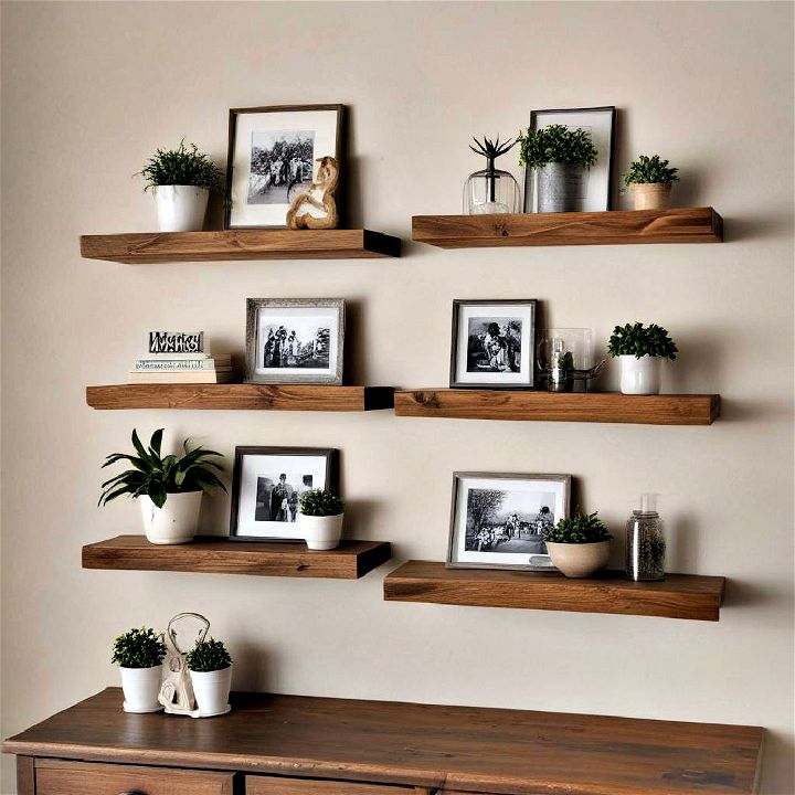 minimalist floating wood shelves to add essence to farmhouse decor