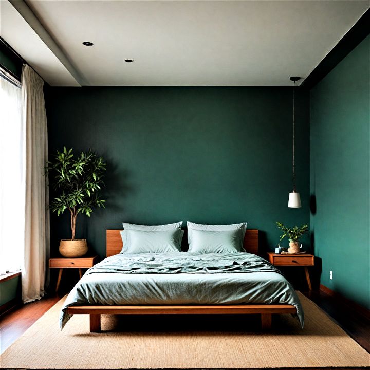 minimalist japanese inspired dark green bedroom for zen like retreat