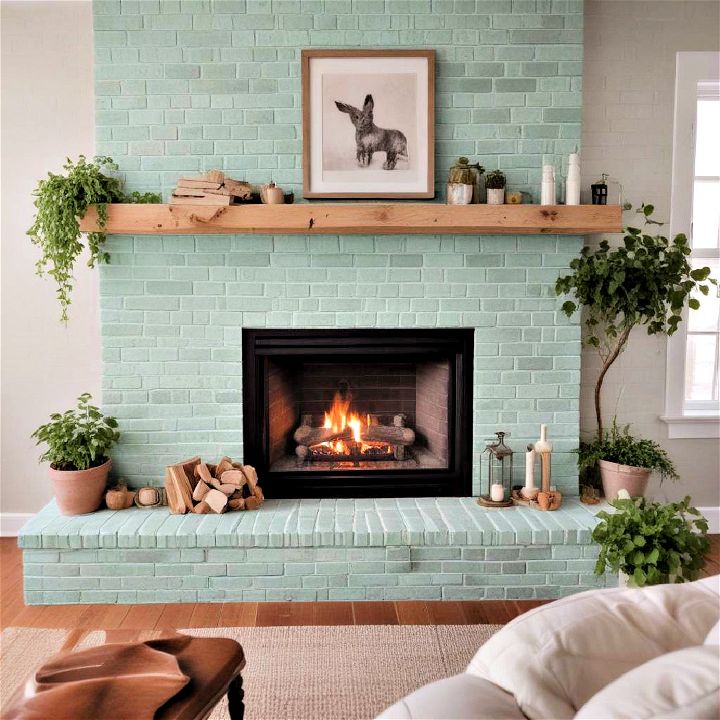 mint green painted brick fireplace