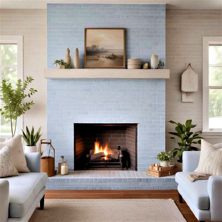 misty blue painted brick fireplace