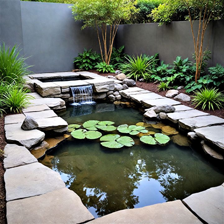 modern and minimalist pond with sheet waterfall