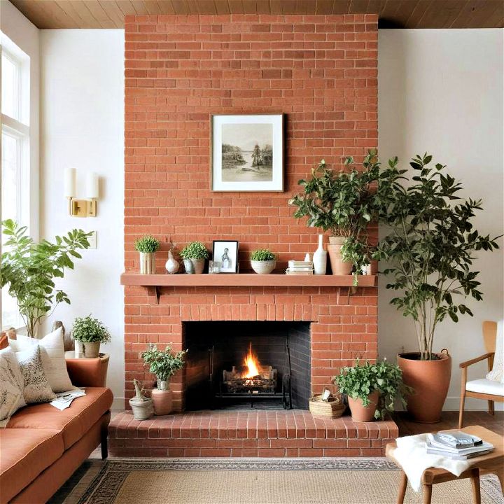 modern and rustic terracotta painted brick fireplace