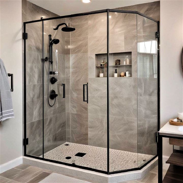 modern black framed glass walk in shower