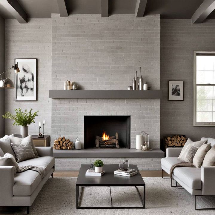 modern concrete gray painted brick fireplace