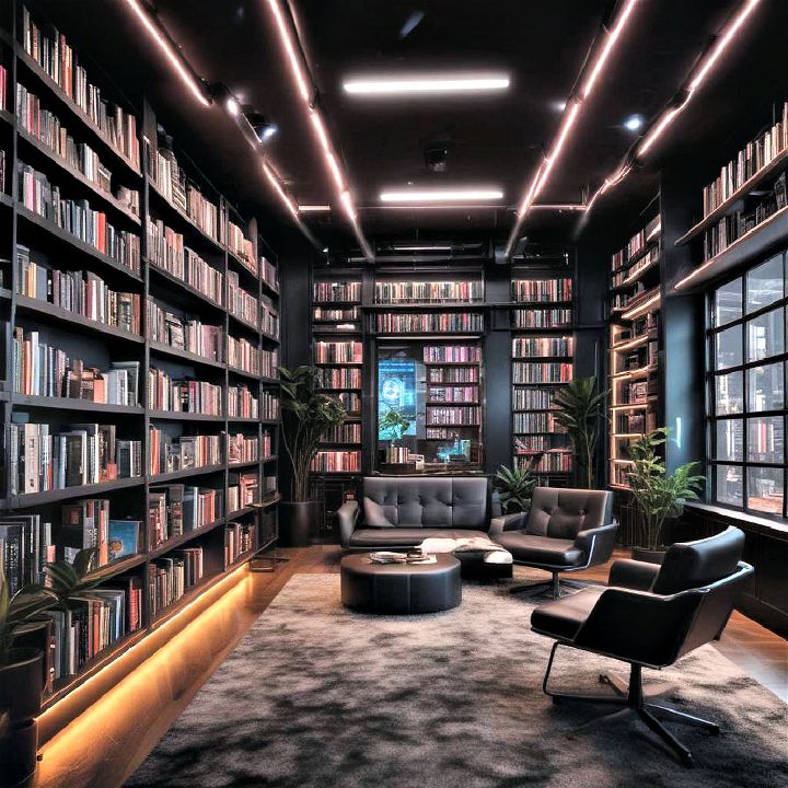 modern cyberpunk library with neon lights