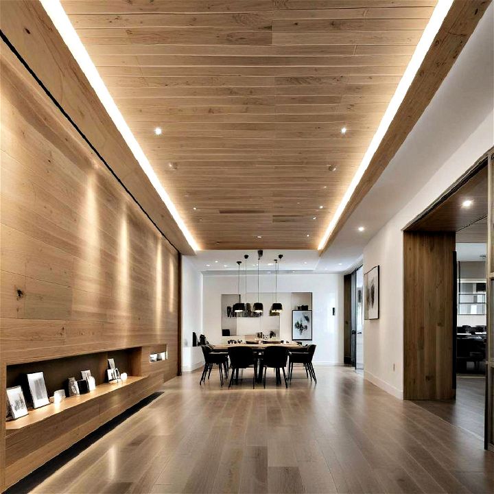 modern linear wood with recessed lighting