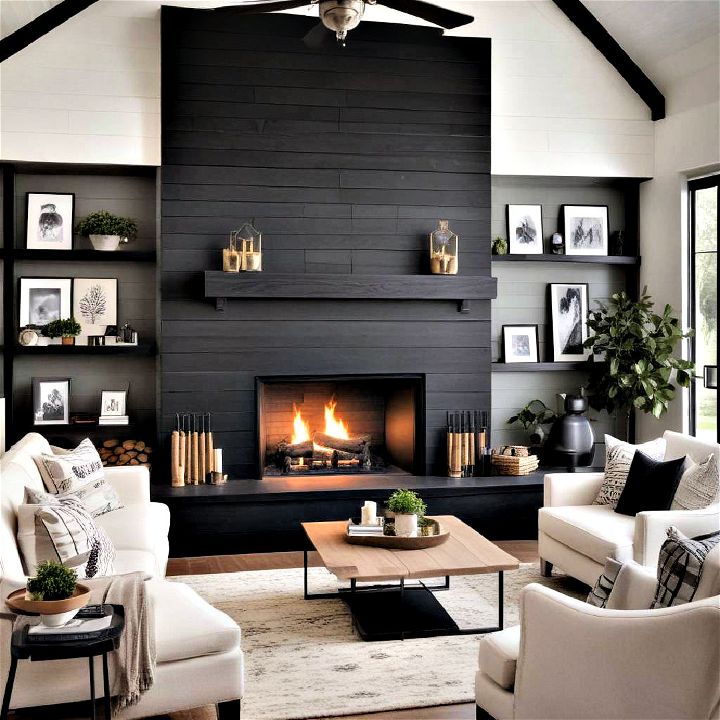 modern shiplap fireplace with bold black accents