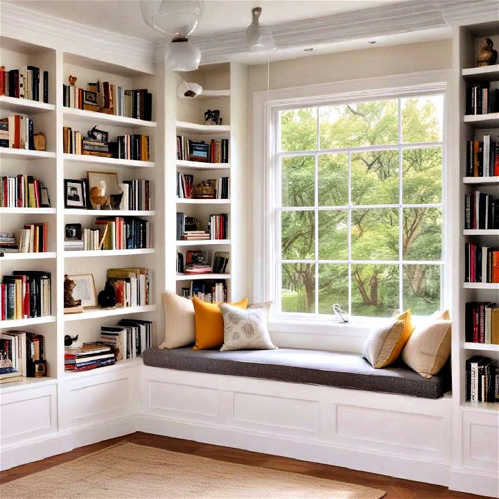 modern window seat with bookshelves