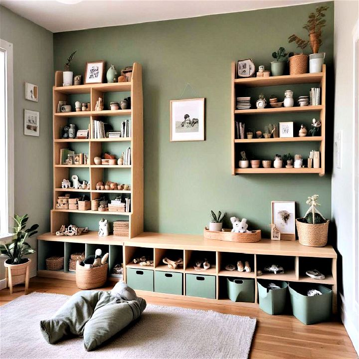 montessori inspired area in the nursery with sage green