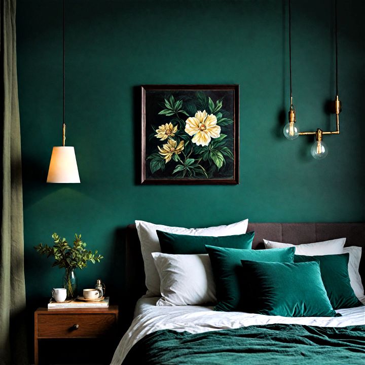 moody lighting to enhance the ambiance of a dark green bedroom