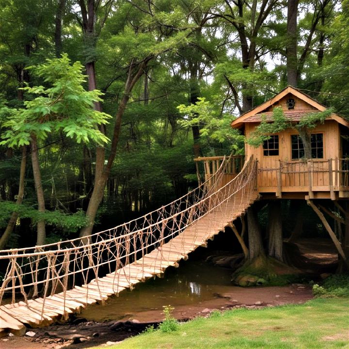 multiple trees or treehouses with an enchanting treehouse bridge