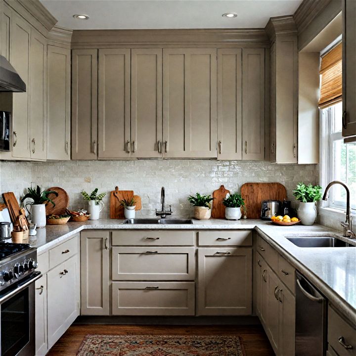 neutral and elegant taupe kitchen cabinets