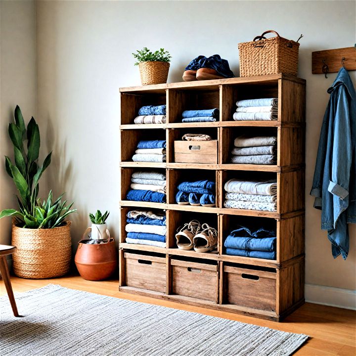 open closet storage with wooden crate