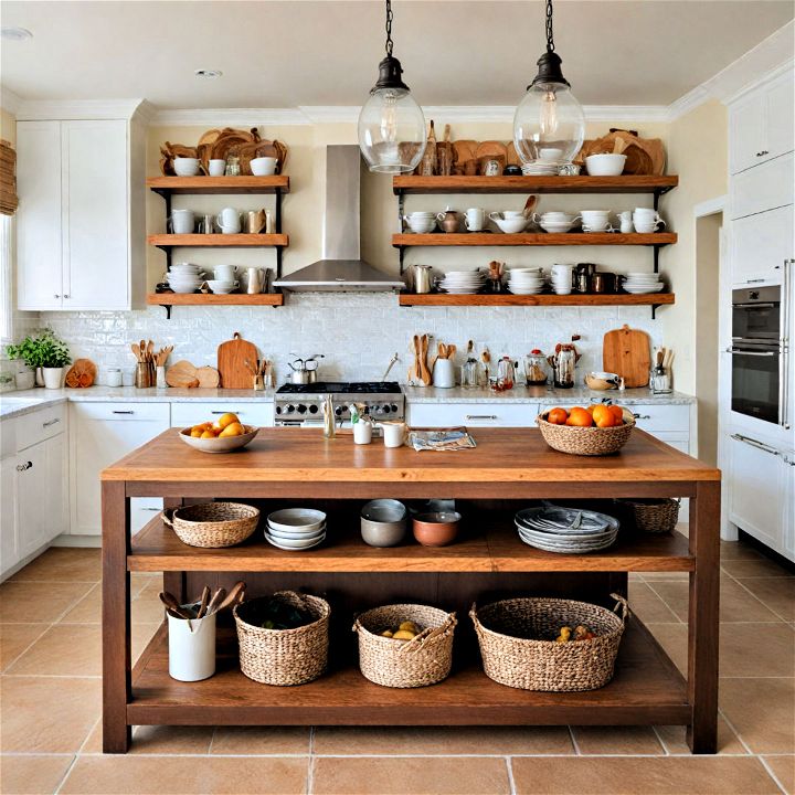 open shelving on kitchen island to maximize storage and display