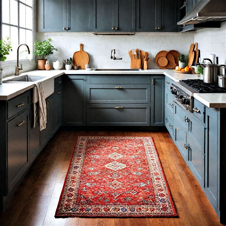 opt for a rug to add warmth and texture to a small kitchen