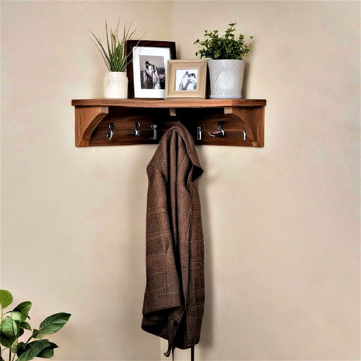 organization and style corner shelf with coat hooks