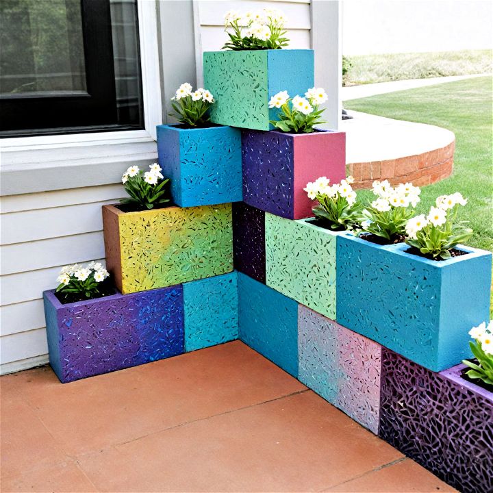paint cinder block planters to add a pop of color to your backyard