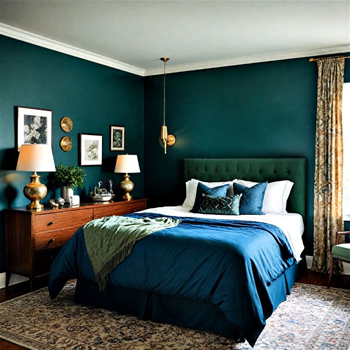 pair dark green with navy blue to create a dynamic bedroom