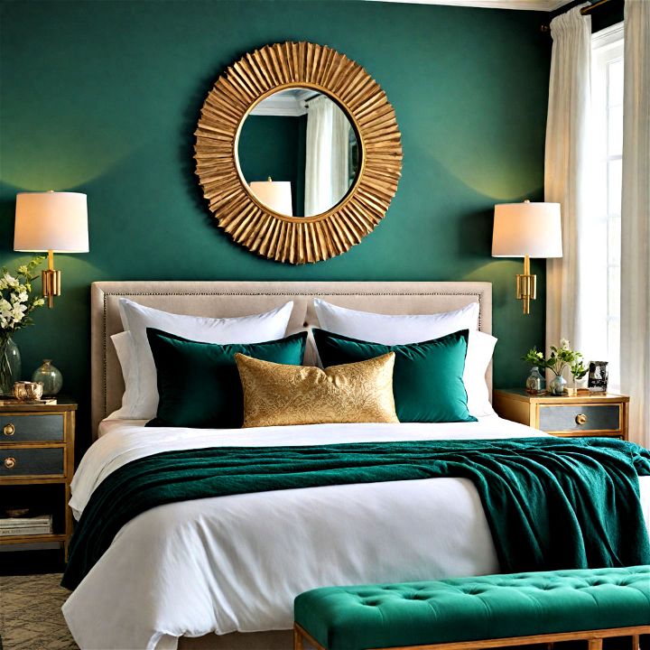 pair emerald green with metallic accents for a luxurious bedroom feel