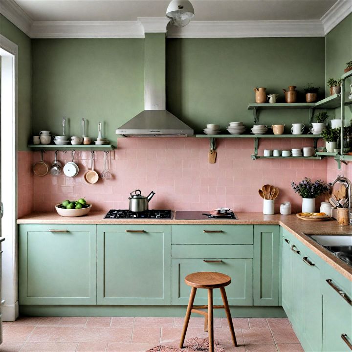 pair sage green with soft colors to create a serene kitchen space