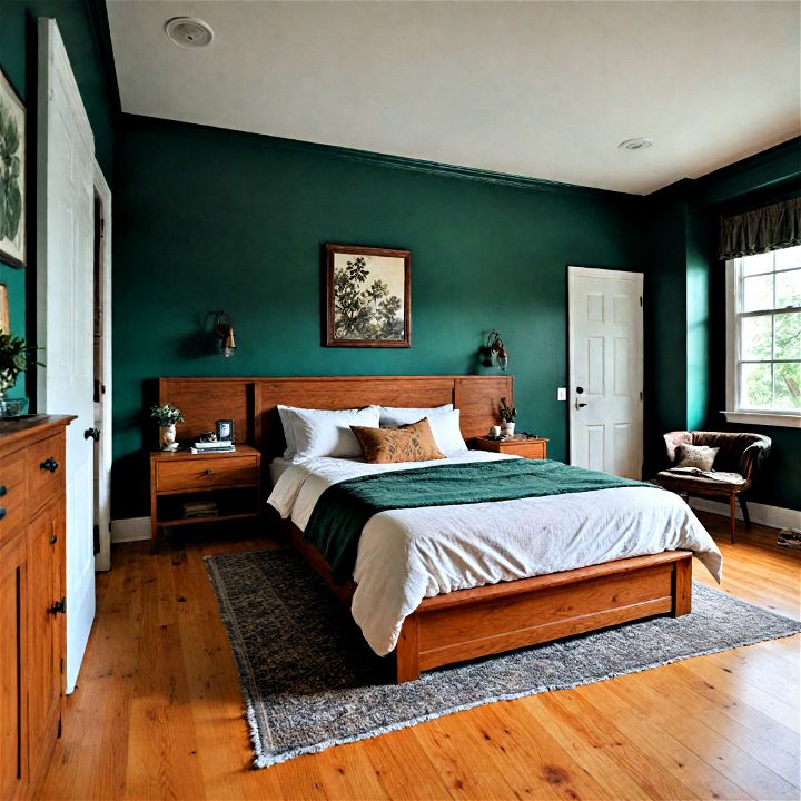 pair warm wood tones with dark green to create a cozy bedroom retreat