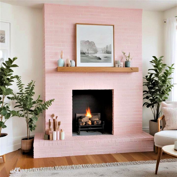 pastel pink painted brick fireplace