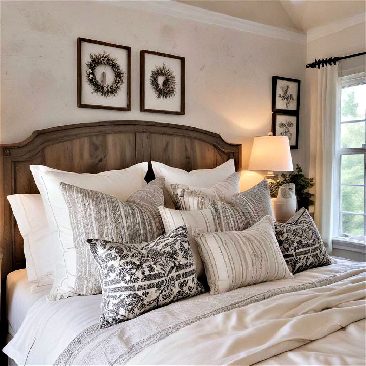 patterned throw pillows farmhouse bedroom