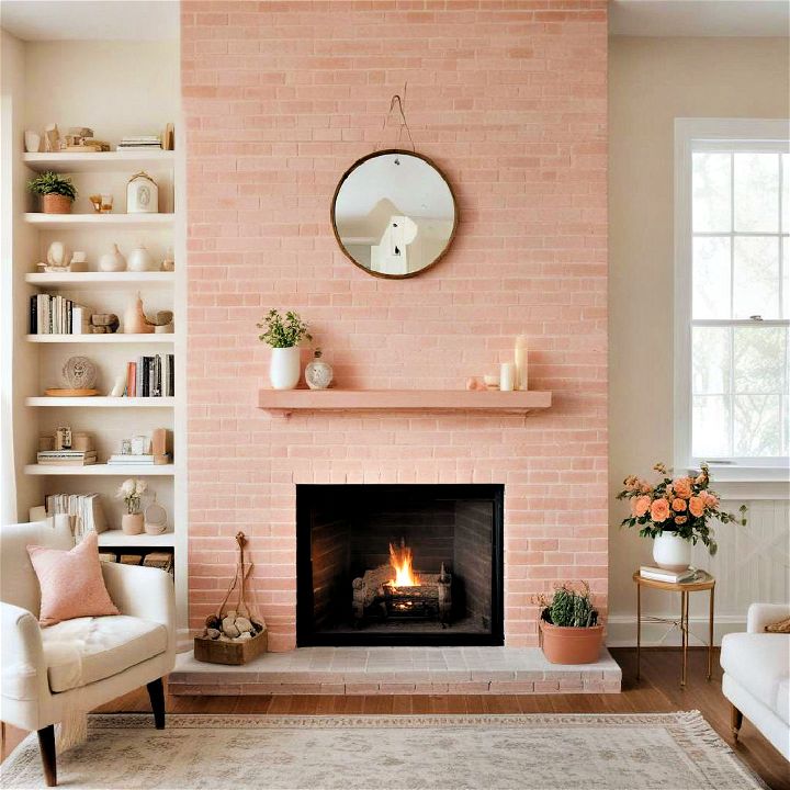 peach painted brick fireplace