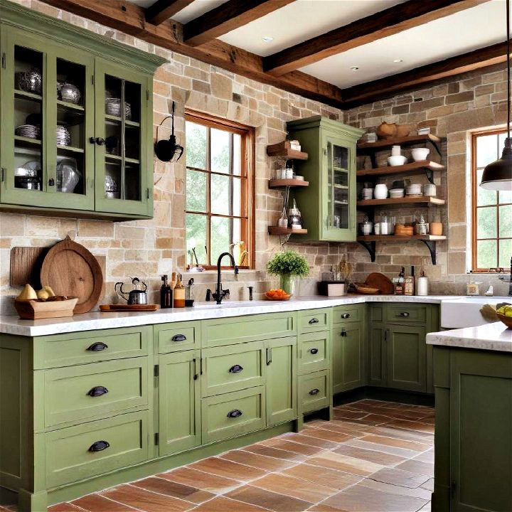 pear green rustic cabinets kitchen