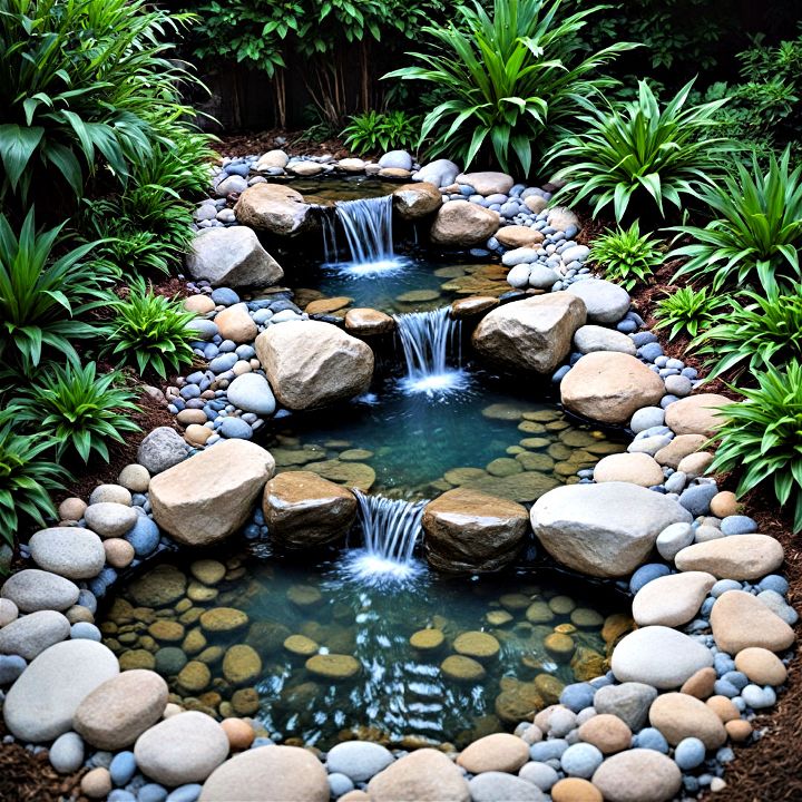 pebble pool pond with a gently cascading waterfall