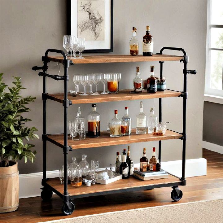 pipe and wood rolling bar cart