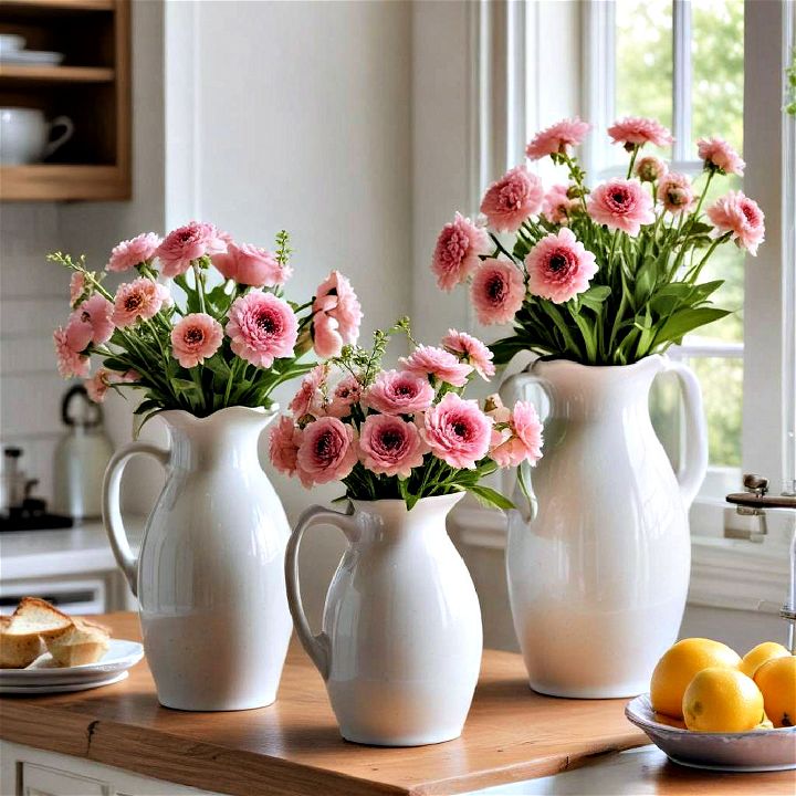 pitcher vase display to bring farmhouse elegance to countertops or tables