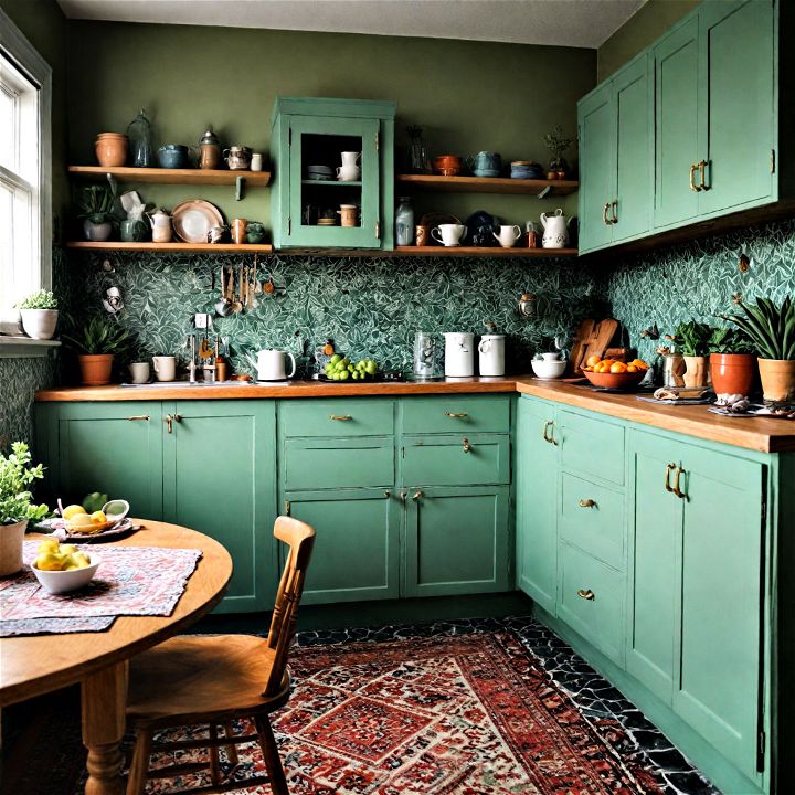 playful yet soothing bohemian inspired sage green kitchen