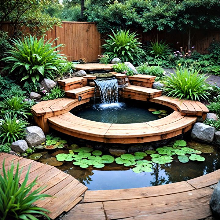 raised wooden pond with a waterfall