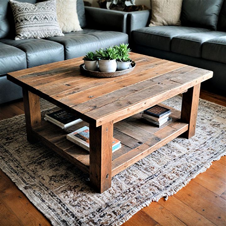 reclaimed wood coffee table to add depth to any farmhouse decor