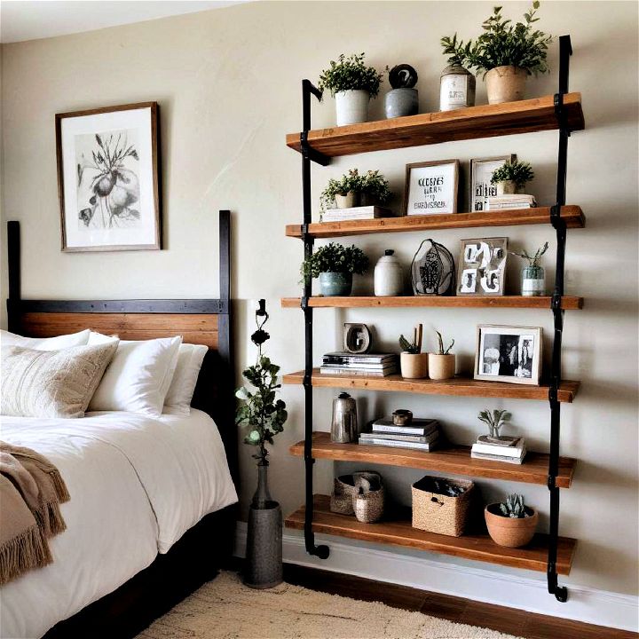 reclaimed wood shelves farmhouse bedroom