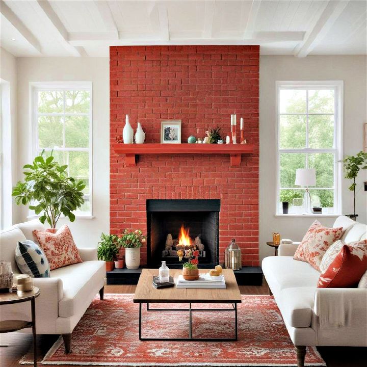 red painted brick fireplace